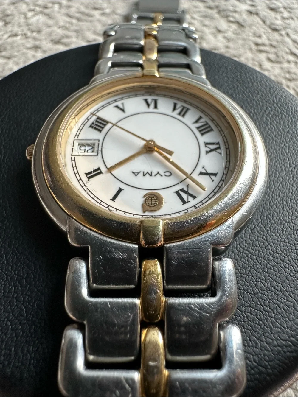 Cyma 33mm Two-Tone Quartz Watch, New Battery, White Dial, Gold Bezel 02-0001-003